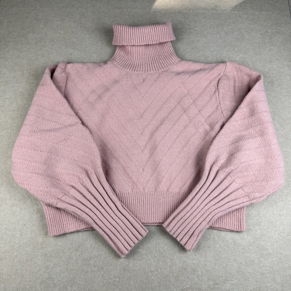 Womens Cropped Turtleneck Sweater L‎ Pink Knit Long Sleeve Puff Sleeve Top